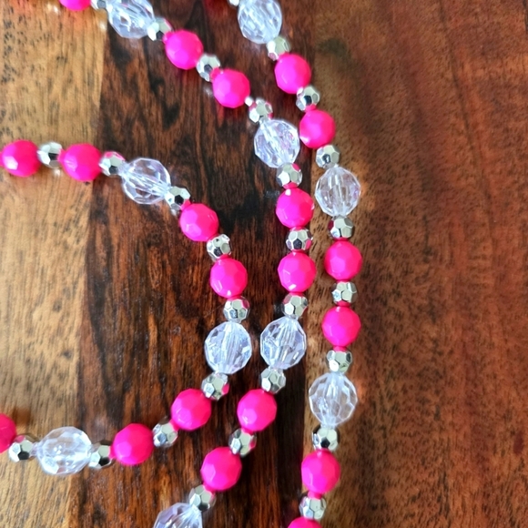 Long Beaded Pink Silver and Clear Necklace 48" Handmade - Picture 1 of 4